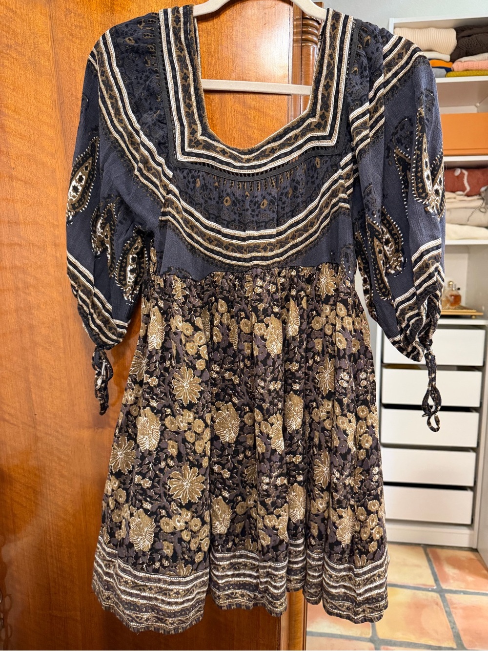 Free People Boho Paisley Floral Mini Dress Brown Black M